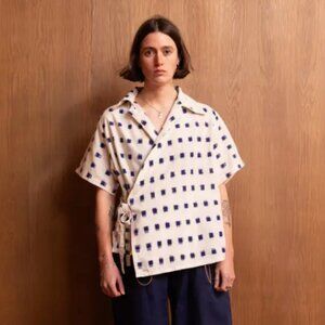 Emiko Studios Nori Eri Shirt in Ikat: Ecru & Navy Wrap Shirt M-XL